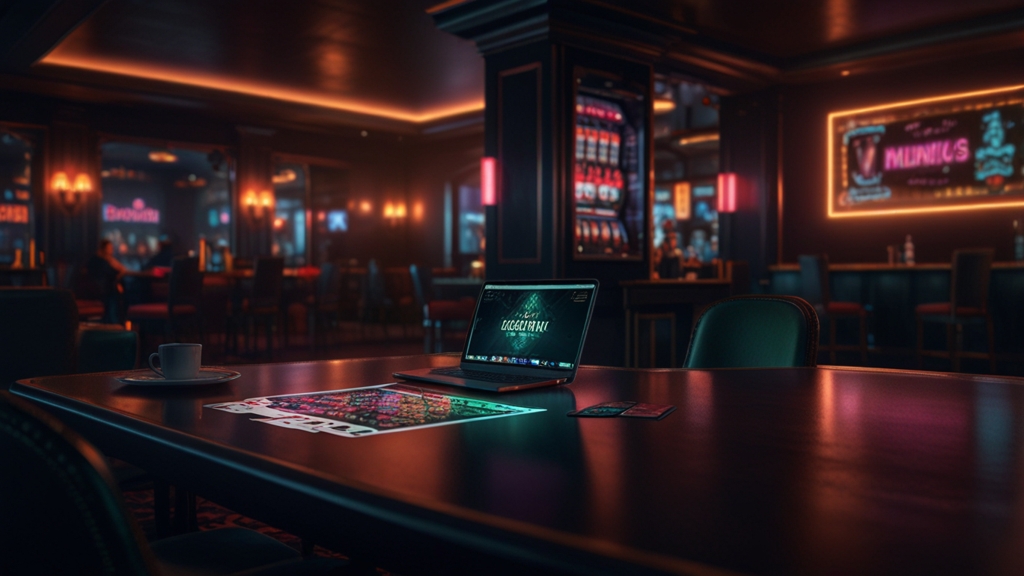 Pantalla de acceso en un entorno de casino oscuro con portátil y móvil